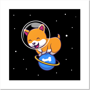 Cute Dog Playing On Planet Cartoon Posters and Art